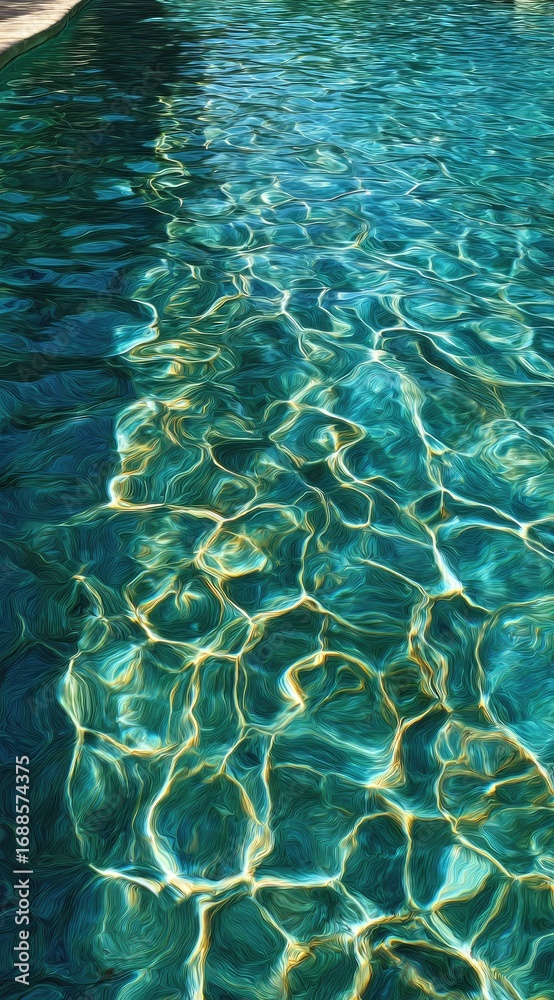 Fototapeta premium Gleaming, blue-green water shimmers in the sunlit pool. Light patterns dance across the surface, creating a mesmerizing, abstract texture