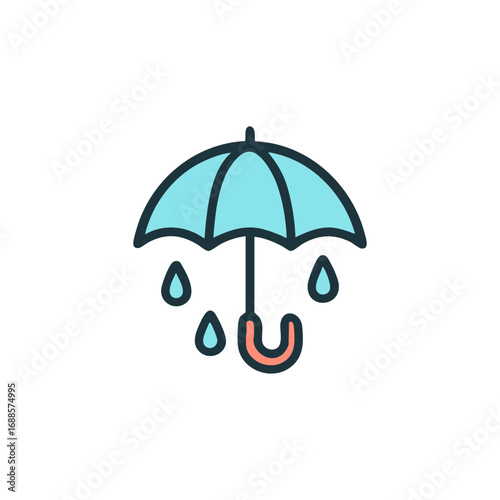Blue umbrella with raindrops falling from it, ideal for weather forecasts, rainy day concepts, water protection, and outdoor gear advertisements.