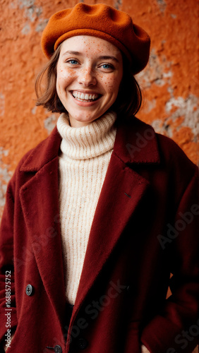 Stylish Woman Smiling While Wearing a Red Coat and Orange Beret