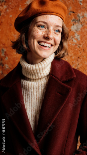 Stylish Woman Smiling While Wearing a Red Coat and Orange Beret