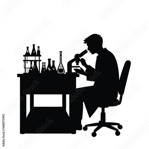 Silhouette of scientist working with microscope and beakers 2