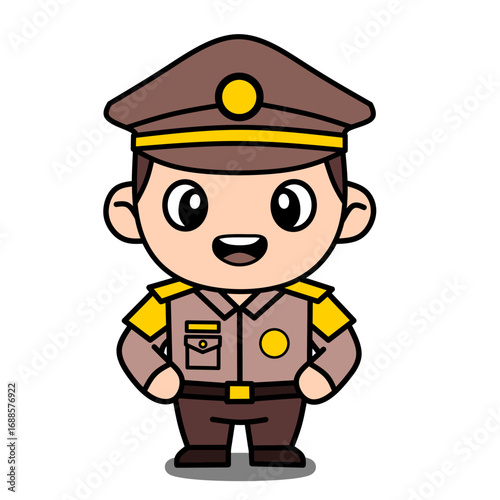 Charming kawaii style law enforcement officer mascot design, a cute policeman in a formal brown uniform