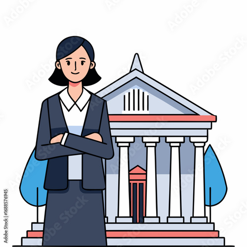 Confident Female Lawyer Standing Proudly Beside Majestic Courthouse Building Representing Justice, Legal Expertise, Professionalism, Advocacy, Courtroom Leadership, Empowered Women Concept