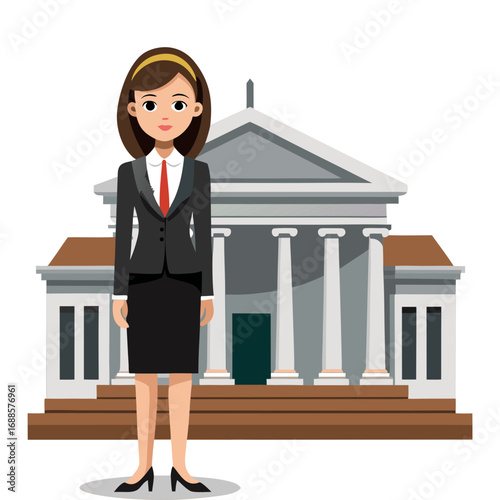 Confident Female Lawyer Standing Proudly Beside Majestic Courthouse Building Representing Justice, Legal Expertise, Professionalism, Advocacy, Courtroom Leadership, Empowered Women Concept