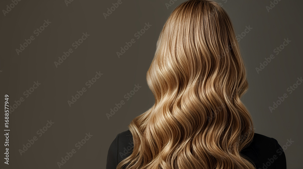 Fototapeta premium Long, wavy, blonde hair styled beautifully against a neutral background showcasing hair beauty trends