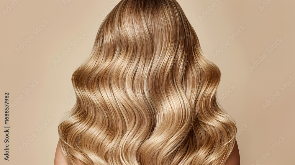 Fototapeta premium Long, wavy, blonde hair styled beautifully against a neutral background showcasing hair beauty trends