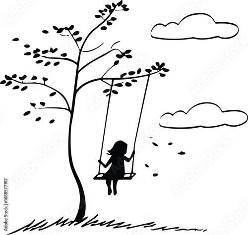 Girl on swing under tree silhouette with clouds, childhood outdoor play, nature landscape design, cad drawing flat vector illustration
