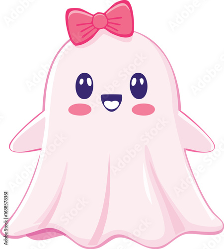 A cute, pink ghost girl with a pink bow, smiling happily.