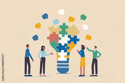 Diverse team collaborating to build a bright idea lightbulb made of puzzle pieces and speech bubbles