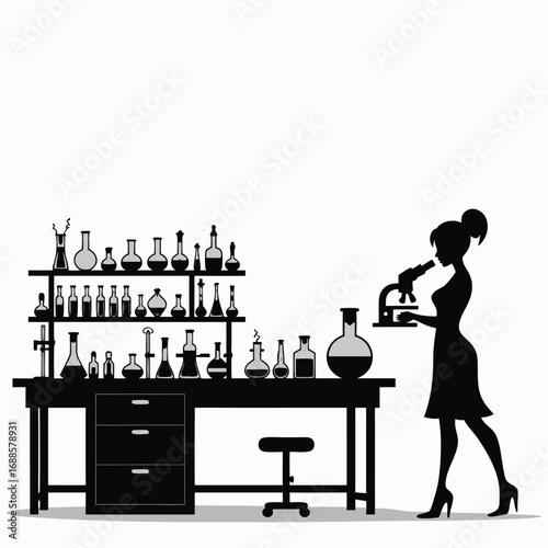 Silhouette of woman in laboratory using microscope with shelves of glassware