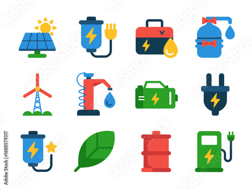 Set of Flat Icons Representing Renewable Energy Sources and Eco-Friendly Technologies for Sustainable Power