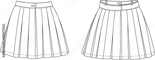 Vector flat sketch of pleated mini skirt with belt and front button closure