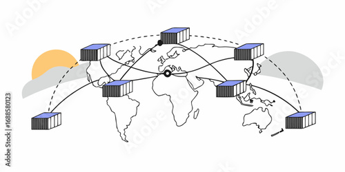 Lines connect various containers on a world map, symbolizing international logistics and trade. The illustration emphasizes the interconnectedness of global shipping routes. AI generated.
