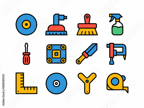 Colorful Icon Set of Handyman Tools Construction Equipment and Cleaning Supplies for DIY Projects and Home Improvement Tasks