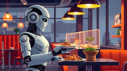 Robot waiter serves food in cafe.