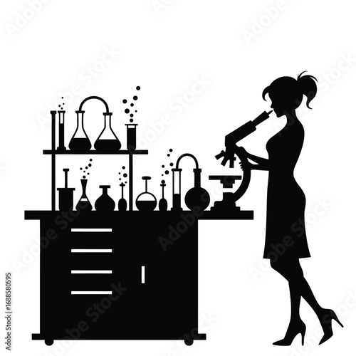 Silhouette woman using microscope in laboratory with glassware