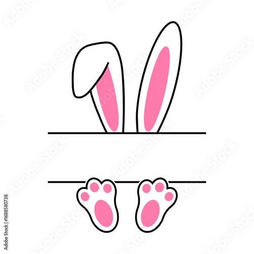 Pink easter bunny ears and feet name monogram svg cut file. Isolated vector illustration.