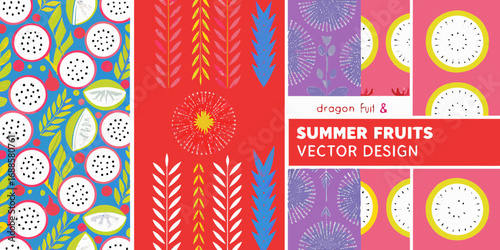 Vibrant summer fruits and abstract patterns vector design with dragon fruit and tropical elements