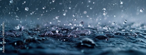 Rain drops splashing on dark water surface