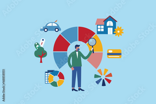 Man with magnifying glass analyzing pie chart and various life elements like house car and credit card