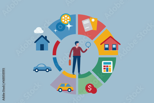 Man with magnifying glass examining a circular diagram of life s assets and financial planning concepts