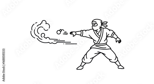 Dynamic line art ninja throwing object with motion effect.