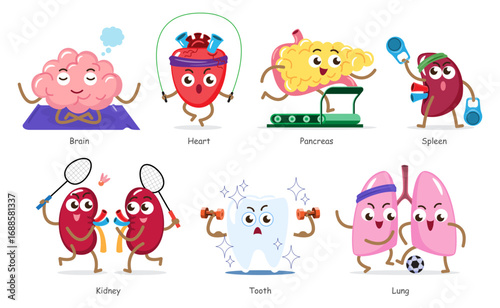 Set of various healthy human internal organs cartoon illustration including brain, heart, pancreas, spleen, kidney, tooth and lung . Exercise sports and fitness concept . Vector .