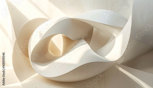 Abstract geometric design with interlocking shapes in soft neutral tones, highlighted by natural shadows and smooth polished textures