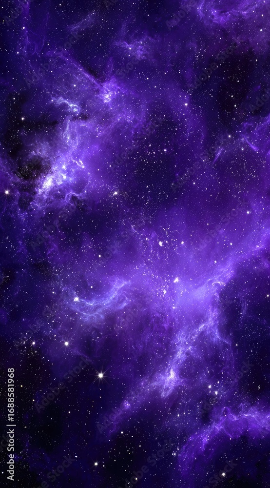 Obraz premium A stunning, vertical view of a purple and blue nebula with scattered stars, exhibiting a sense of depth, cosmic beauty, and ethereal energy