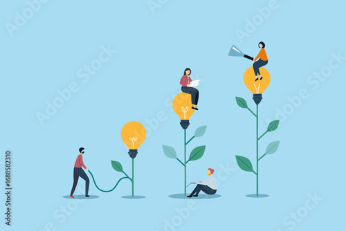 People working together to grow and nurture new ideas represented by lightbulbs on plants