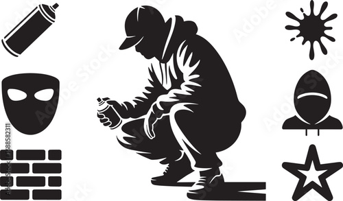 Street Artist Silhouette with Spray Can, Mask, and Urban Graffiti Elements