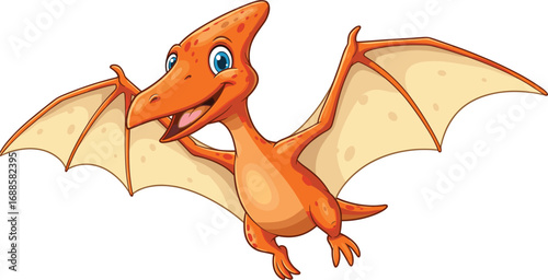 Cartoon flying pterodactyl dinosaur with open wings, cute prehistoric reptile character illustration, smiling orange creature for kids vector design.Cartoon flying pterodactyl dinosaur with ope