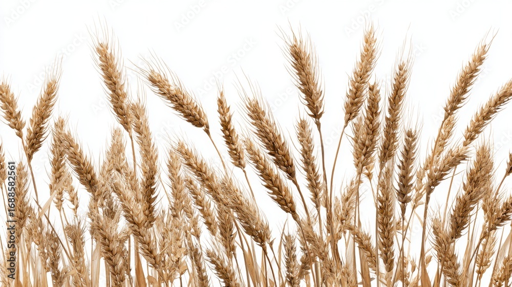 Fototapeta premium Golden wheat stalks rise in clusters, capturing sunlight in a rural setting. The harvest season brings a sense of abundance and promise to the fields.
