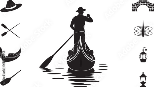 Venetian Gondolier Silhouette Navigating Canal with Oar, Hat, and Iconic City Elements