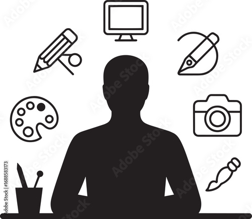 Creative Designer Silhouette Surrounded by Design Tools Icons on Transparent Backdrop