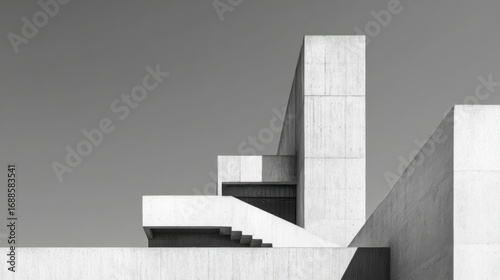 Bold concrete structures rise in an abstract composition, highlighting geometric forms and a stark contrast against an unclouded sky, evoking a sense of modernity and simplicity.