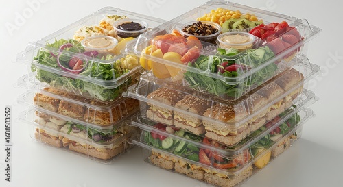 Conveniently packaged fresh sandwiches, vibrant salads, and healthy fruit cups stacked neatly, perfect for catering events, office lunches, or grab-and-go meals.