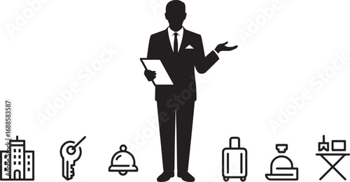 Hotel Concierge Silhouette with Amenities Icons on Transparent Backdrop Vector Art
