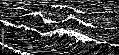Black and White Linocut Style Water Background Minimal Vector Illustration of Waves and Fluid Texture Design