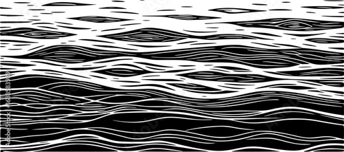Black and White Linocut Style Water Background Minimal Vector Illustration of Waves and Fluid Texture Design