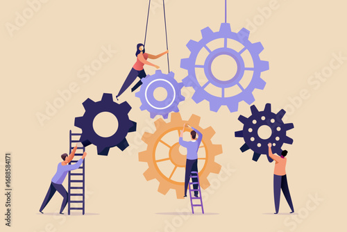 Diverse team of people working together to assemble and operate complex gears in a collaborative effort