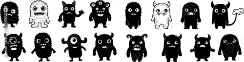 Doodle black linocut cute monsters , grunge strange monster vector set.
