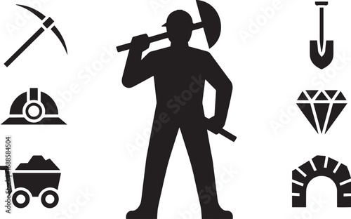 Miner Silhouette with Mining Tools on Transparent Background Vector Illustration