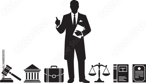 Silhouette Lawyer with Legal Symbols Vector Illustration for Justice and Law Concepts