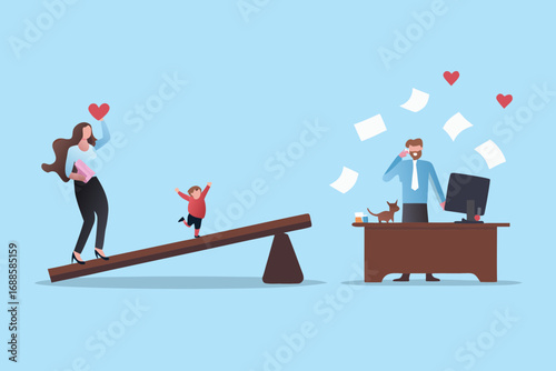 Mother and child on a seesaw representing family life contrasted with a father working at his desk representing career