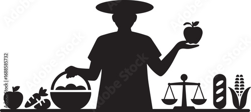 Silhouette of a Farmer Holding an Apple with Fresh Produce and Scales on a Transparent Backdrop