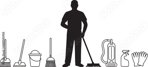 Silhouette of a Janitor with Cleaning Equipment on a Transparent Background for Design