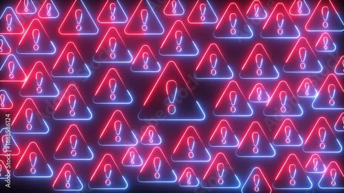 warning attention icon animation glowing neon red and blue color danger risk alert road warning sign stop error signal emergency issue sign symbol on black background	