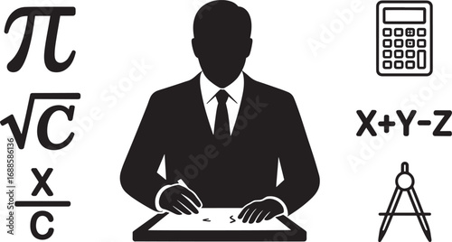Silhouette of a Mathematician with Mathematical Symbols on a Transparent Background