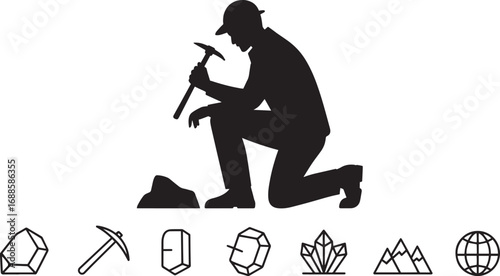 Silhouette of a Miner with Pickaxe and Geological Icons on Transparent Backdrop